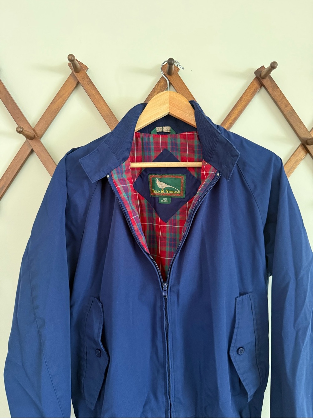 Vintage Field & Stream Navy Bomber Jacket with Red Plaid Lining